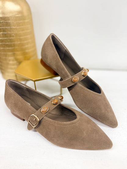 Taupe suede pointed stud flats with gold buckle strap and coin detailing