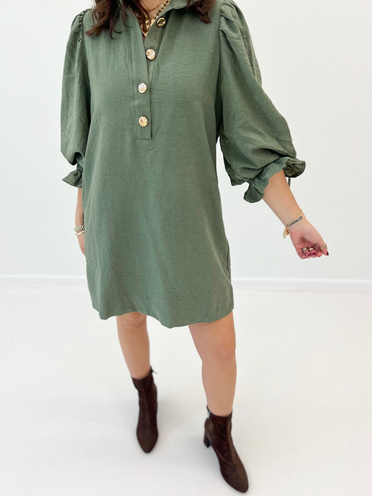 Olive stand-collar mini dress with button front and gathered balloon sleeves