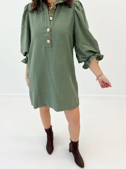Olive stand-collar mini dress with button front and gathered balloon sleeves