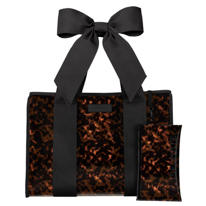 Black bow-handled tortoiseshell tote bag with matching pouch, front zip pocket