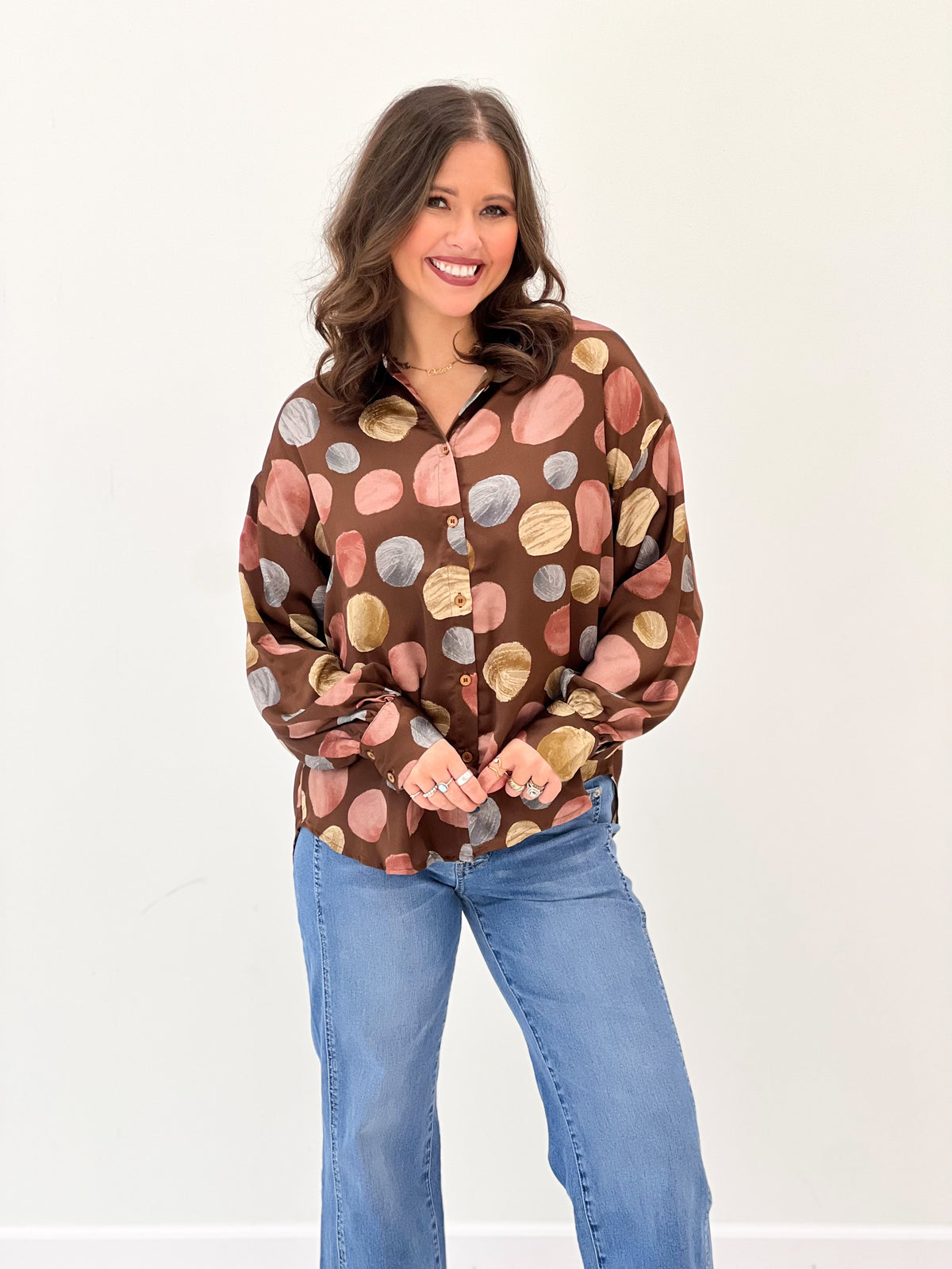 Fate Polka Dot Satin Button Down Top