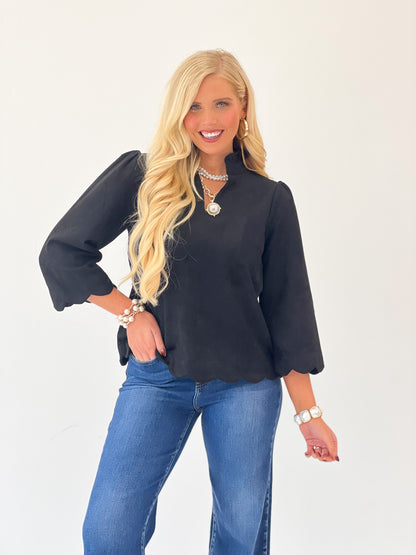Jodifl Faux Suede Scallop Edge Ruffle Neck Top