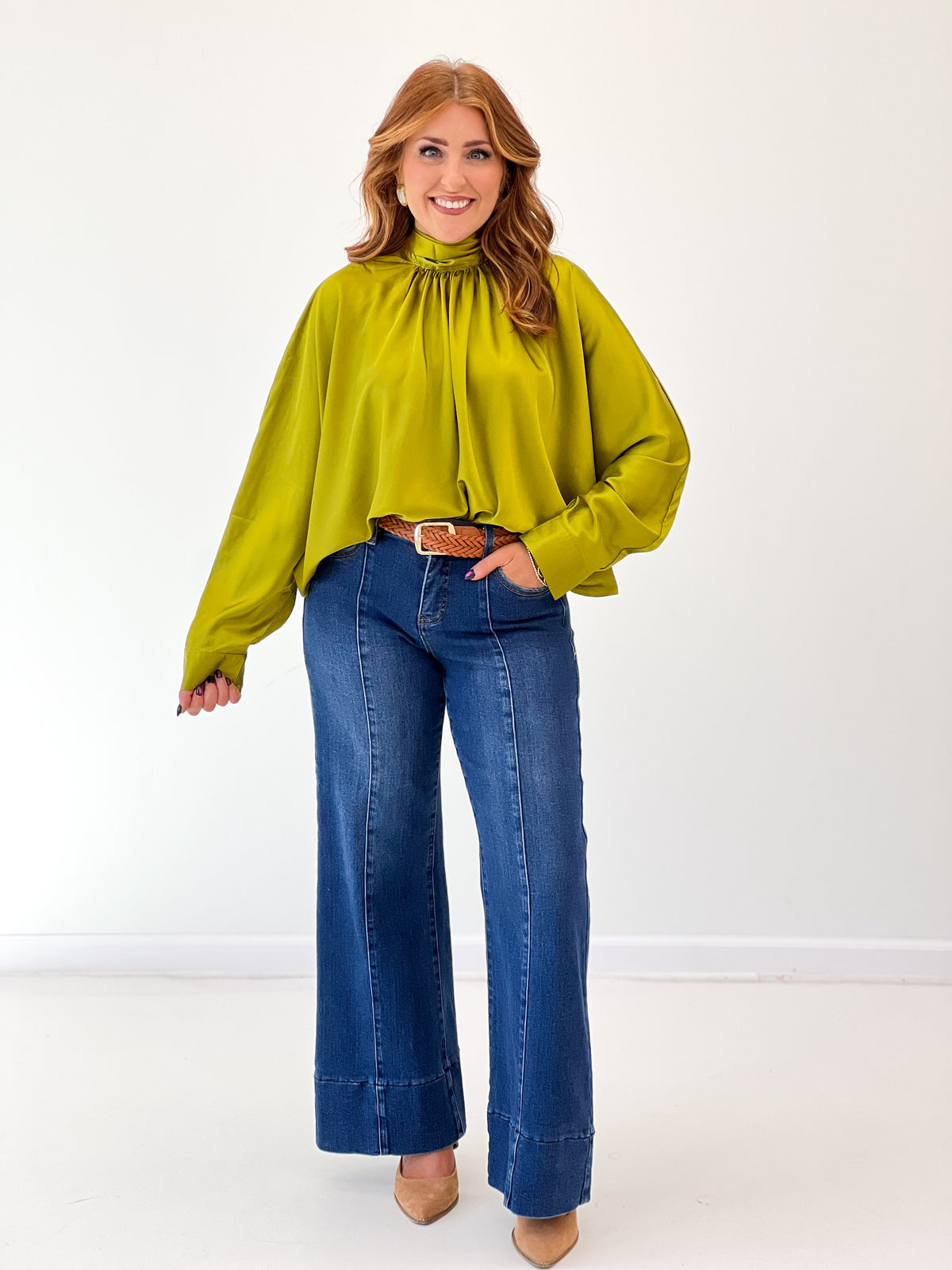 Lime green satin-effect tie-back blouse with gathered neckline and loose fit