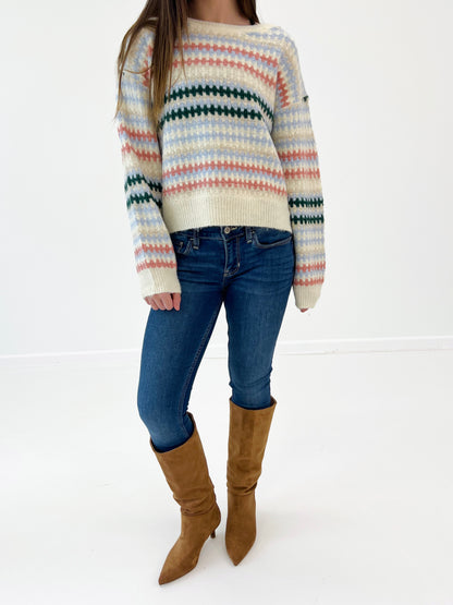 Cream multi striped cropped sweater with knit pattern across sleeves and hem