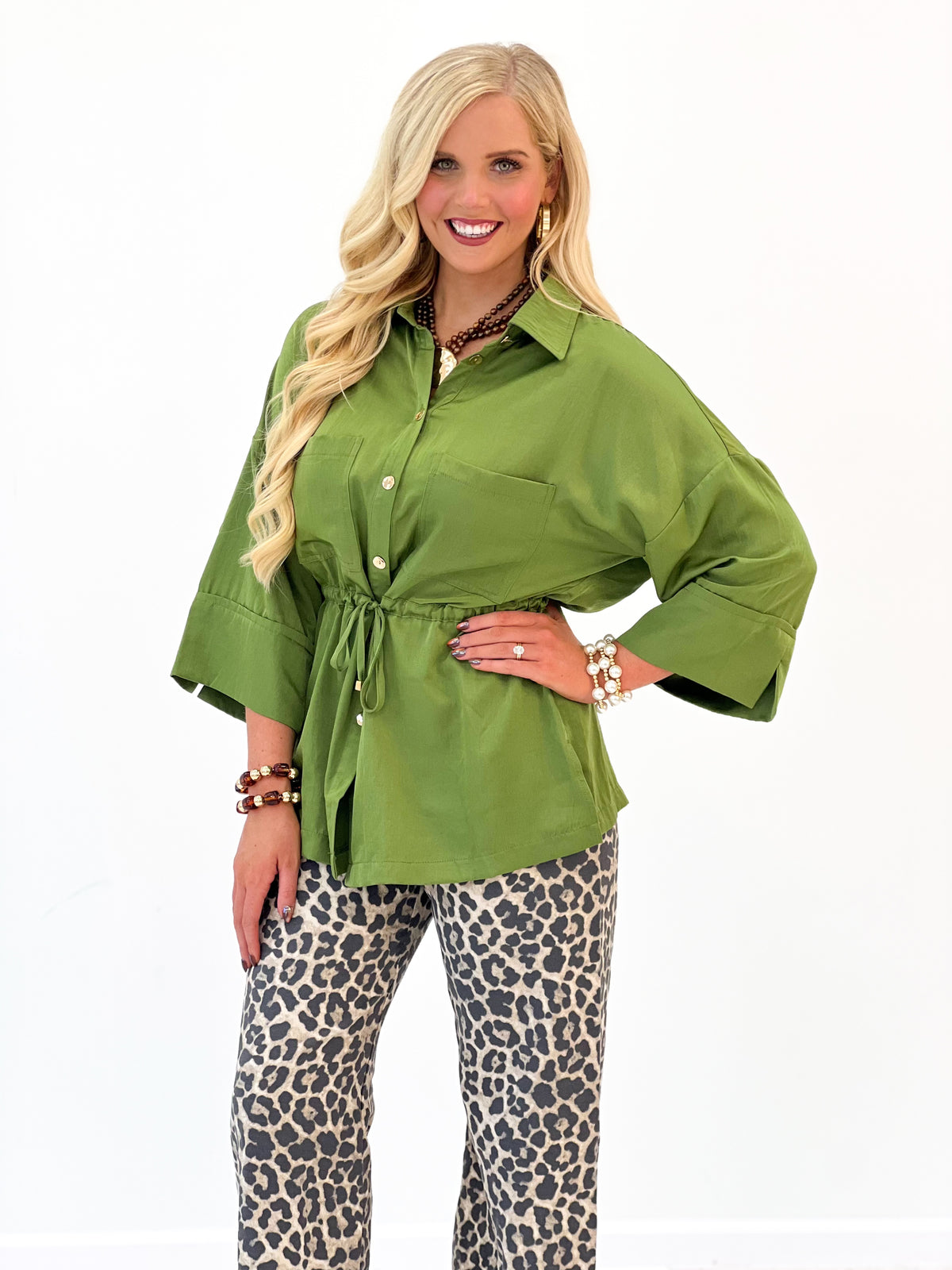 Glam Adjustable Waist Tie Button Down Shirt