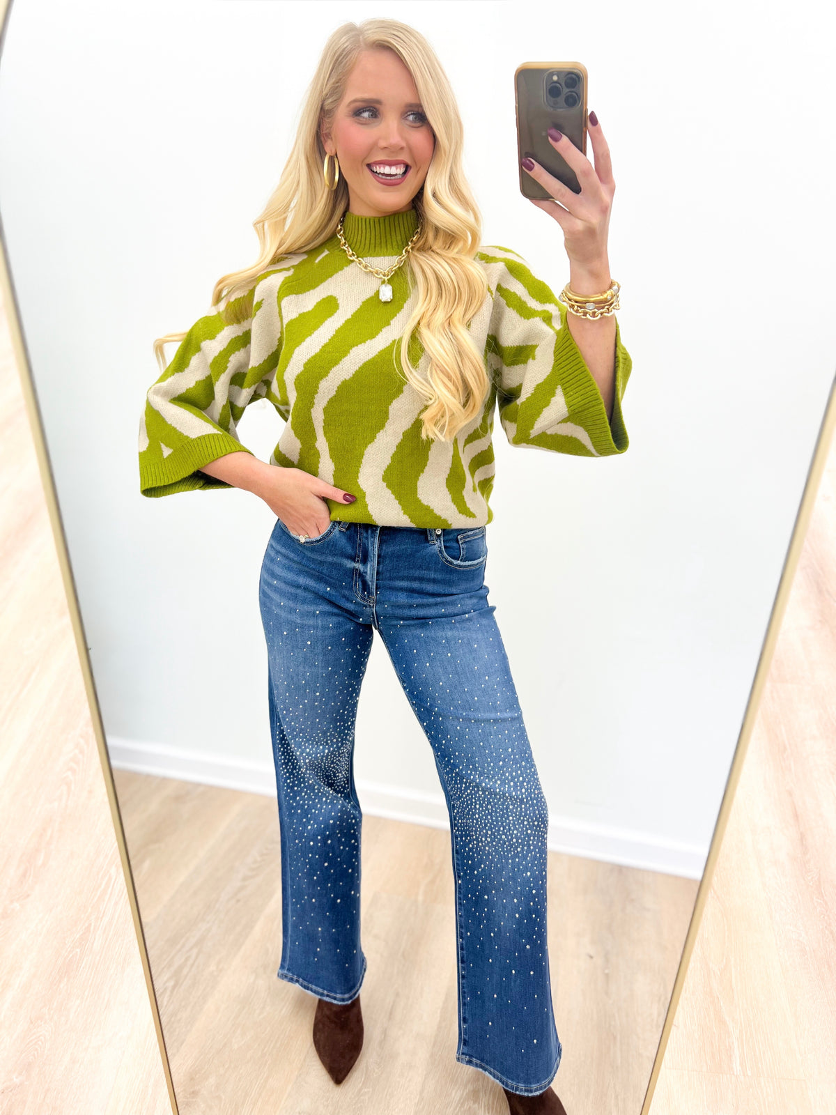 Olive abstract print sweater top, ribbed mock neck and batwing sleeves