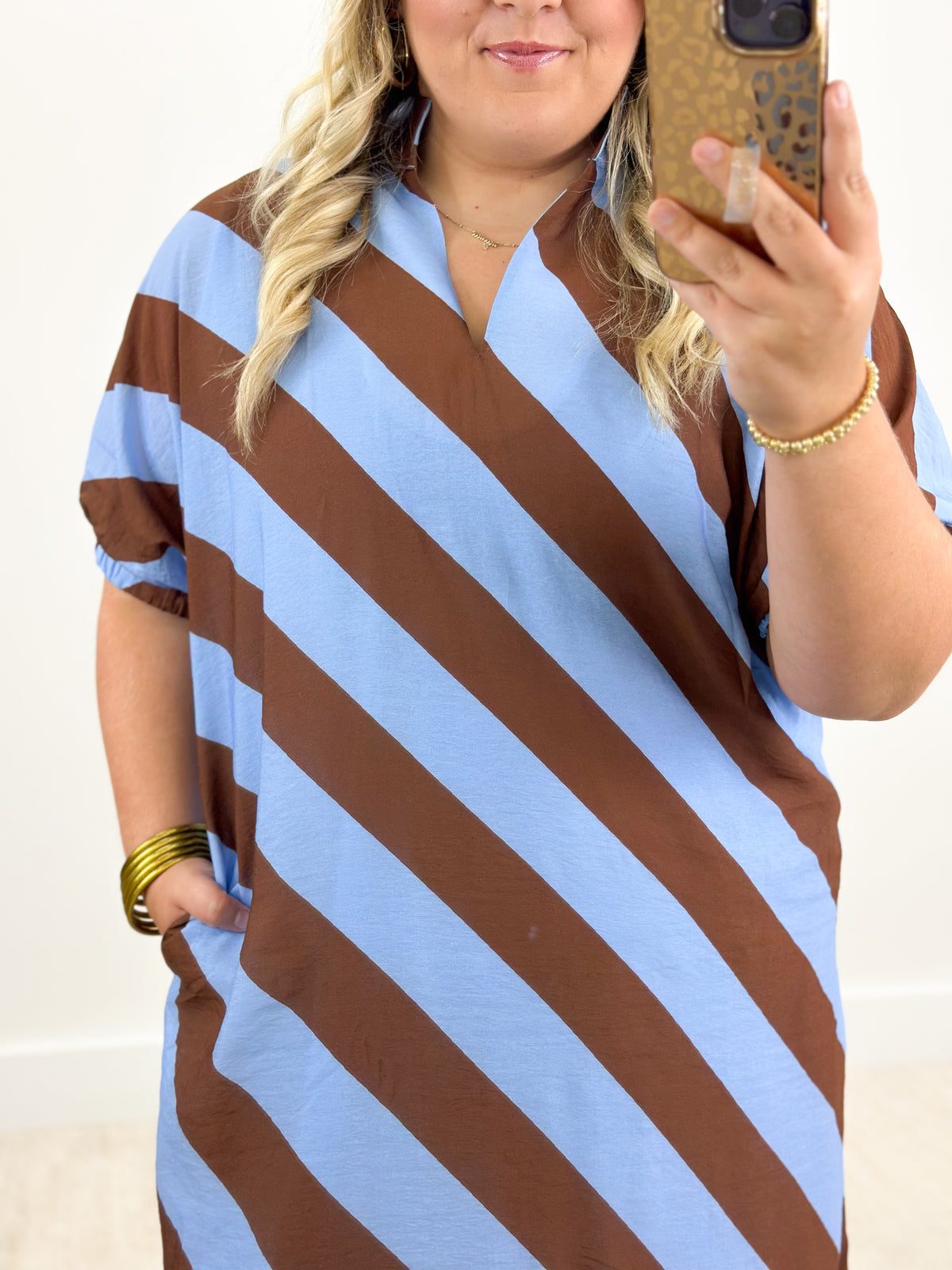 Light blue and brown striped dolman sleeve V-neck dress, short sleeves