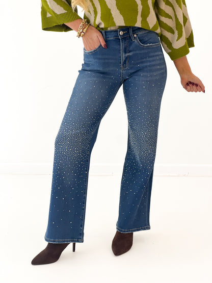 High-rise wide-leg embellished jeans, dark navy with white speckles and classic front pockets