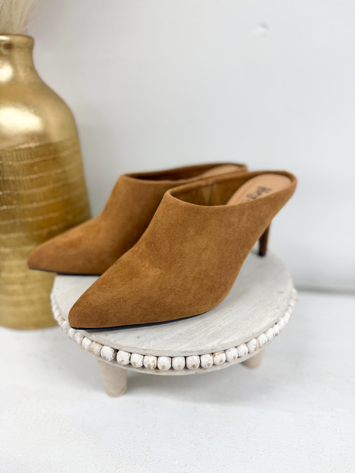 Camel suede kitten heel mule with pointed toe and beaded platform sole