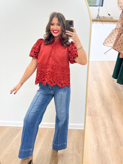 Entro Eyelet Scalloped Trim Puff Sleeve Top