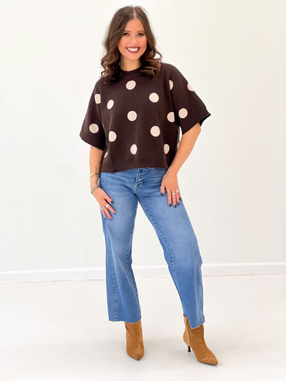 Brown polka dot round-neck sweater top with short sleeves, relaxed fit