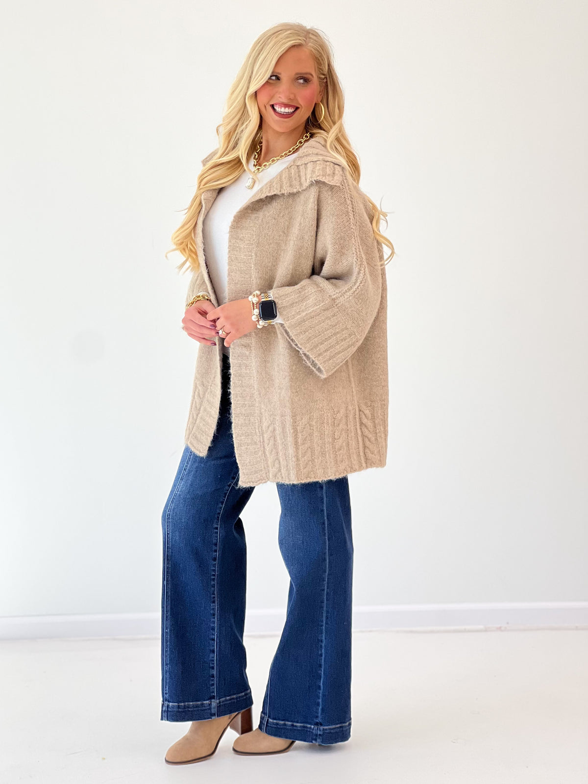 Oatmeal oversized ribbed knit open-front cardigan, long sleeves and relaxed fit
