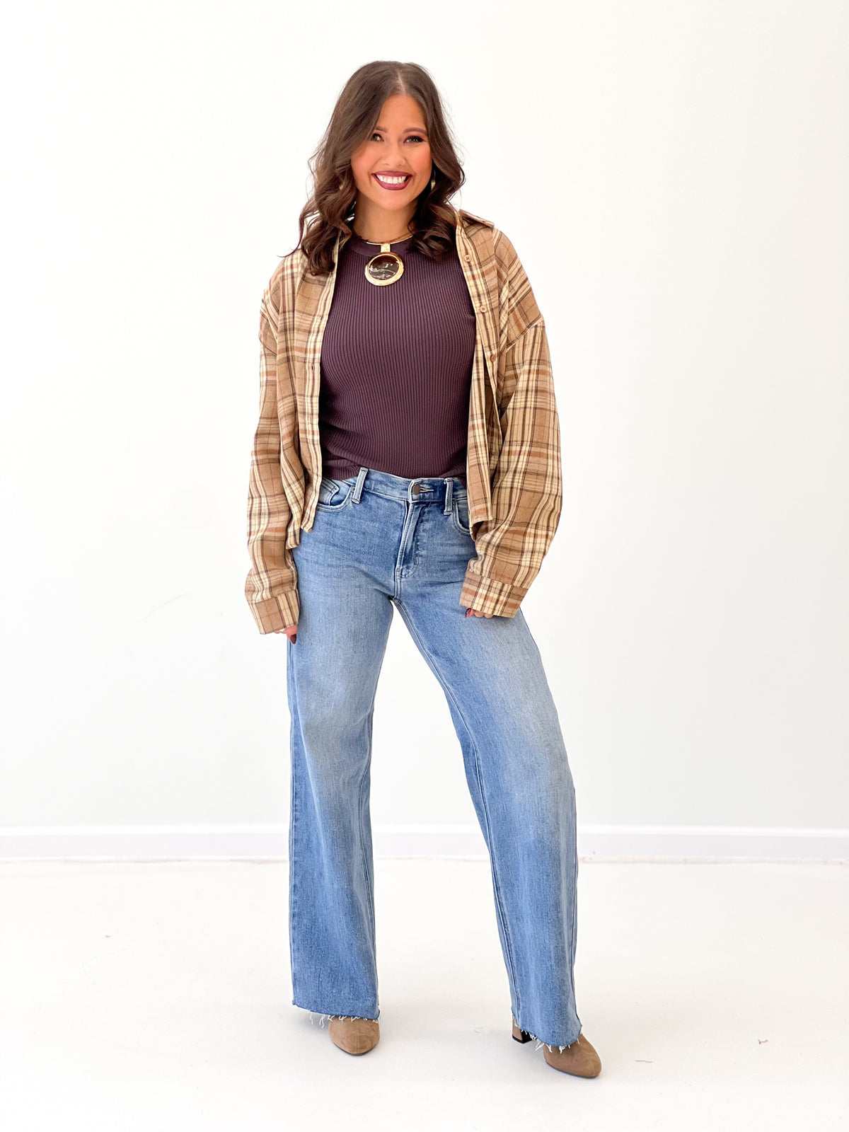 Mocha plaid button-up shirt with classic collar and open front