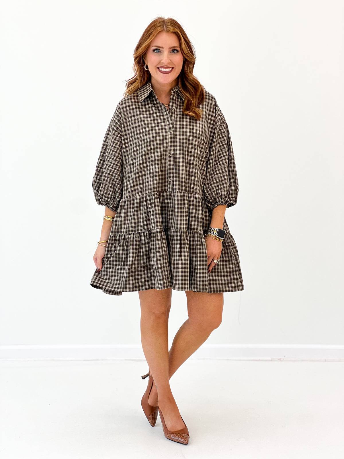 Hyfve Plaid Button-Down Tiered Dress