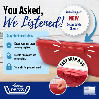 Snap-close latch on a food container lid with “easy snap & go” style cover