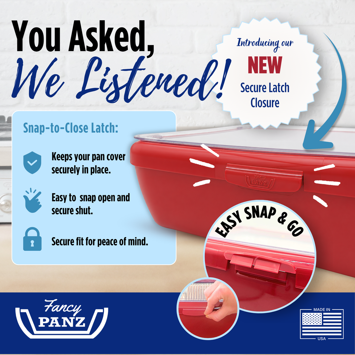 Red foil pan carrier with snap-close lid and latch detail