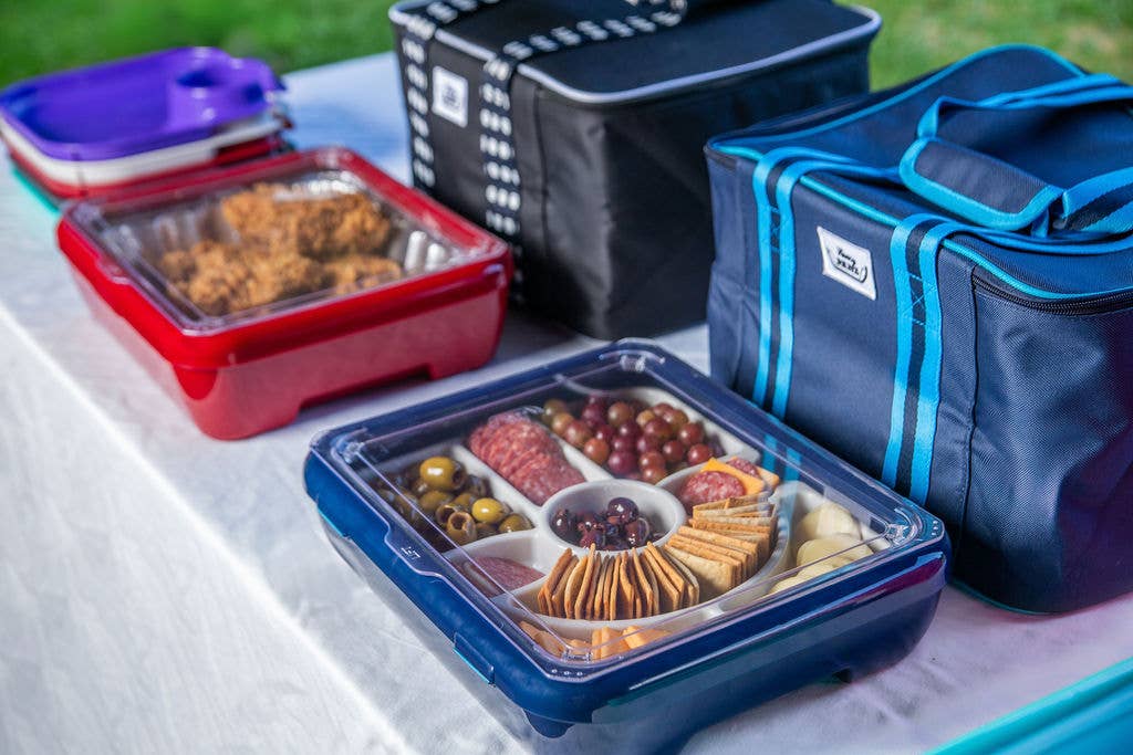 Insulated travel bag with blue stripes and top handle