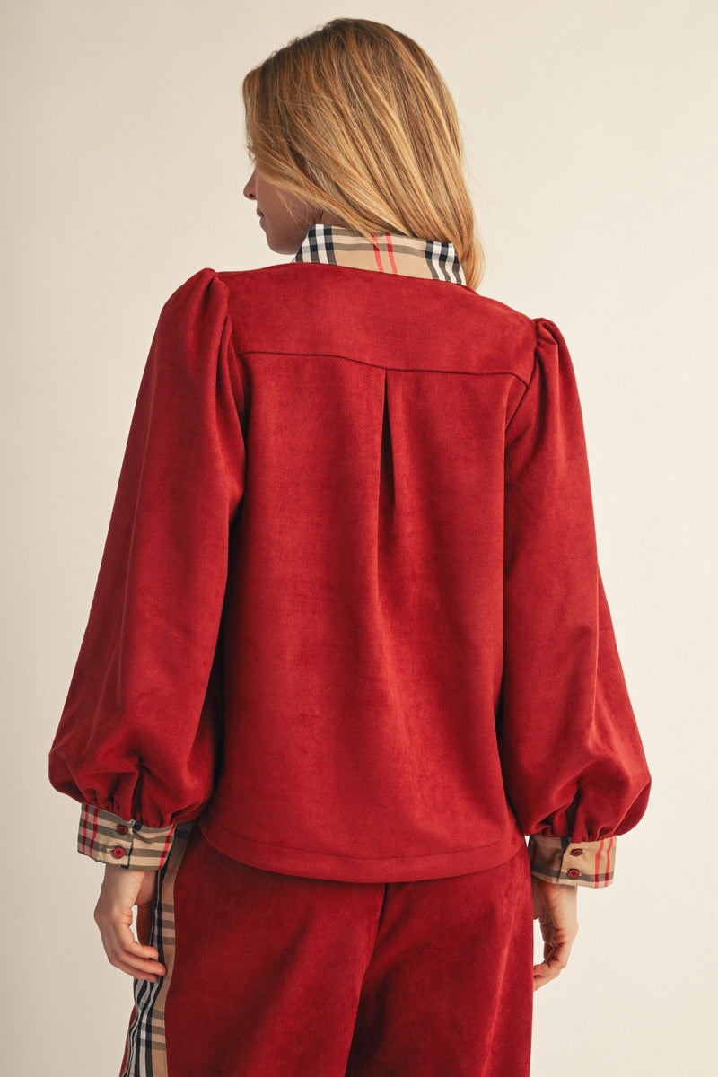 Jodifl Plaid Trim Faux Suede Puff Sleeve Top in Burgundy, back