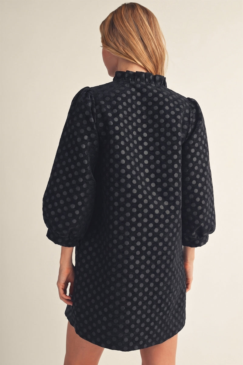 Jodifl black metallic polka dot button down dress, back view with puff sleeves