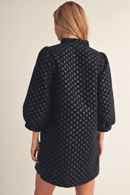 Jodifl black metallic polka dot button down dress, back view with puff sleeves