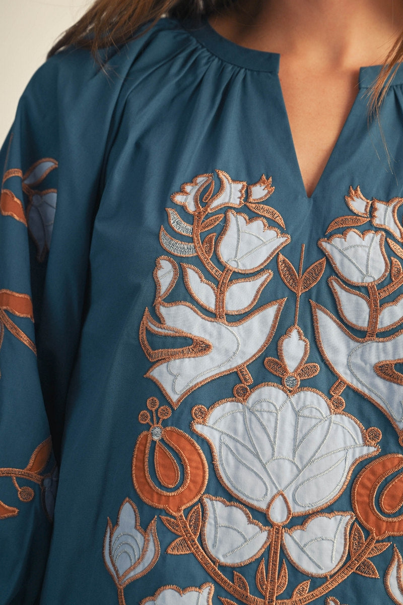 Jodifl Baroque Floral Applique Notched V-Neck Top in Teal