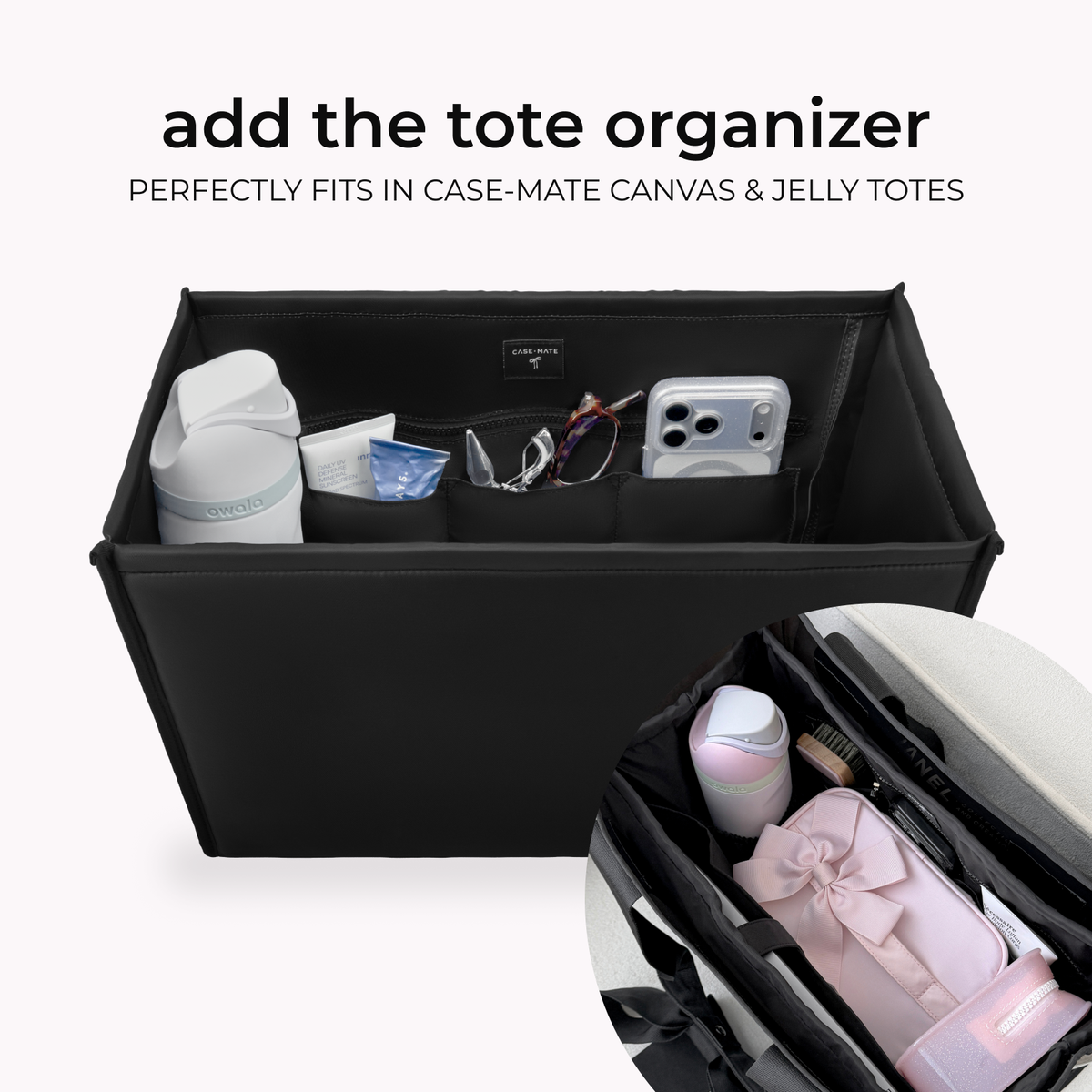 Black tote organizer insert with compartments for bottles, phone, and small essentials