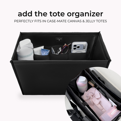 Black tote organizer insert with compartments for bottles, phone, and small essentials