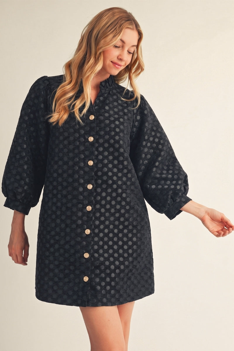 Jodifl black metallic polka dot puff sleeve button down dress, front view
