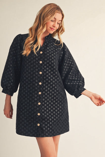 Jodifl black metallic polka dot puff sleeve button down dress, front view