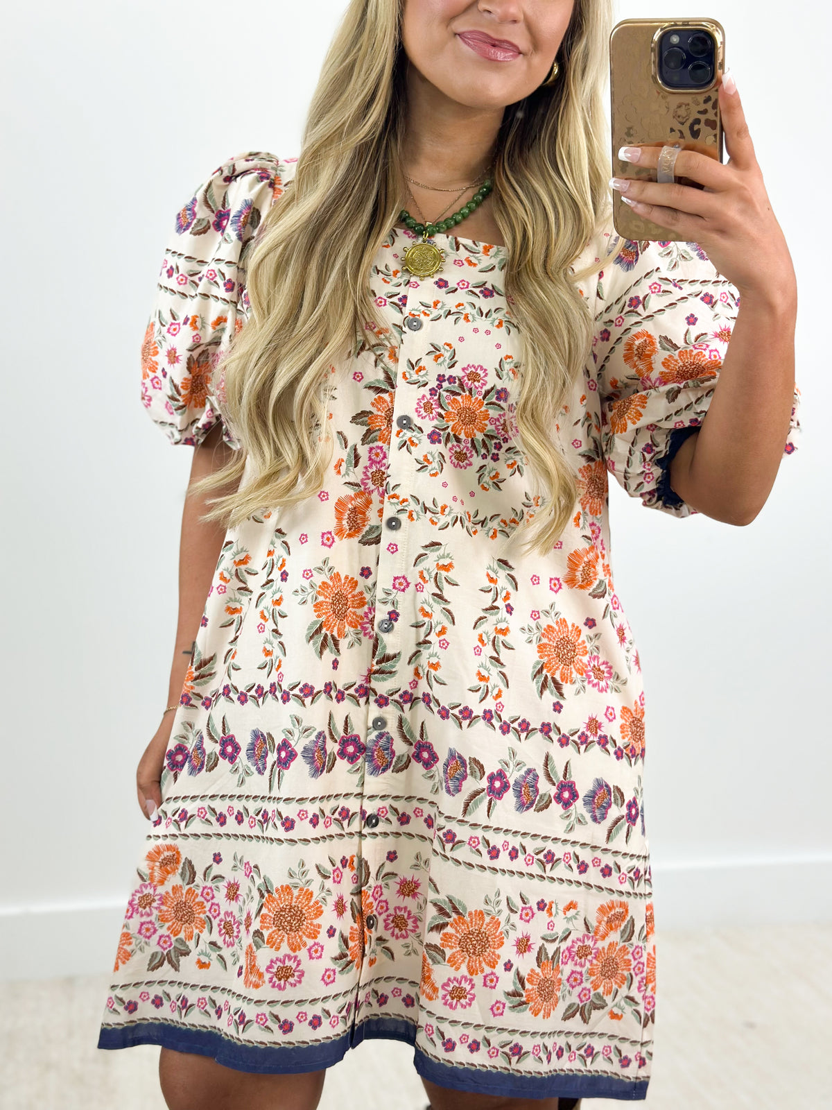 Entro Square Neck Floral Puff Sleeve Button Down Dress