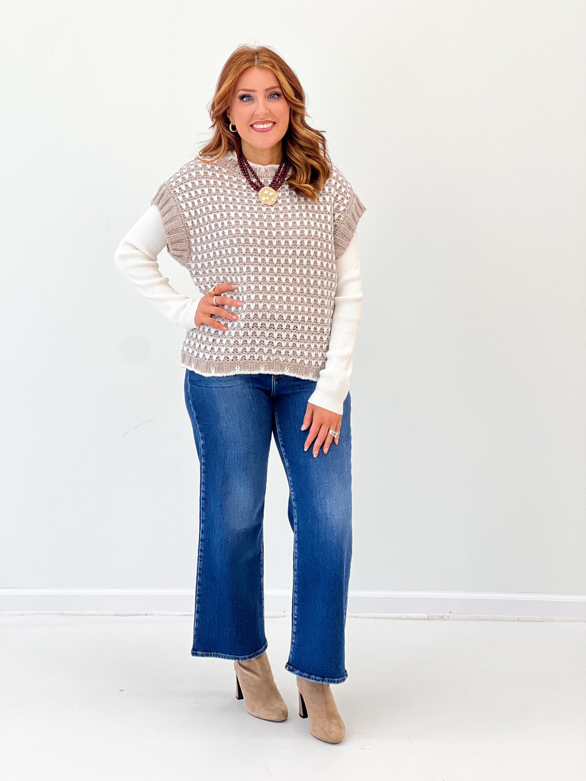 Taupe and ivory sleeveless knit top, scalloped hem, round neck
