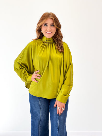 Lime green satin-effect tie-back blouse with gathered high neckline