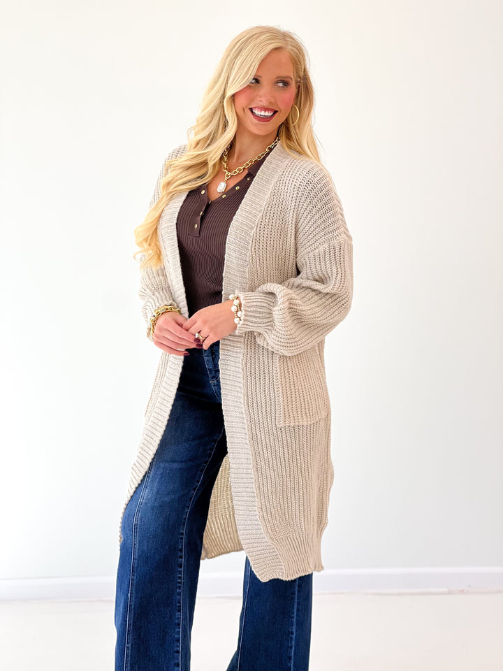 Oatmeal oversized loose-knit duster cardigan, long open front with side pockets