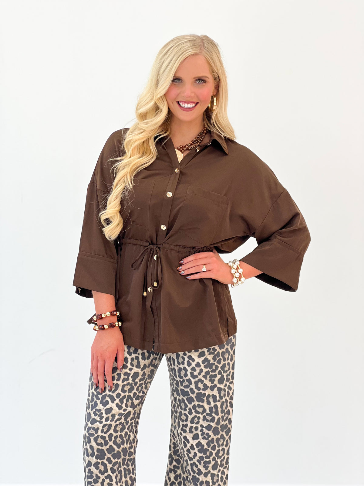 Glam Adjustable Waist Tie Button Down Shirt