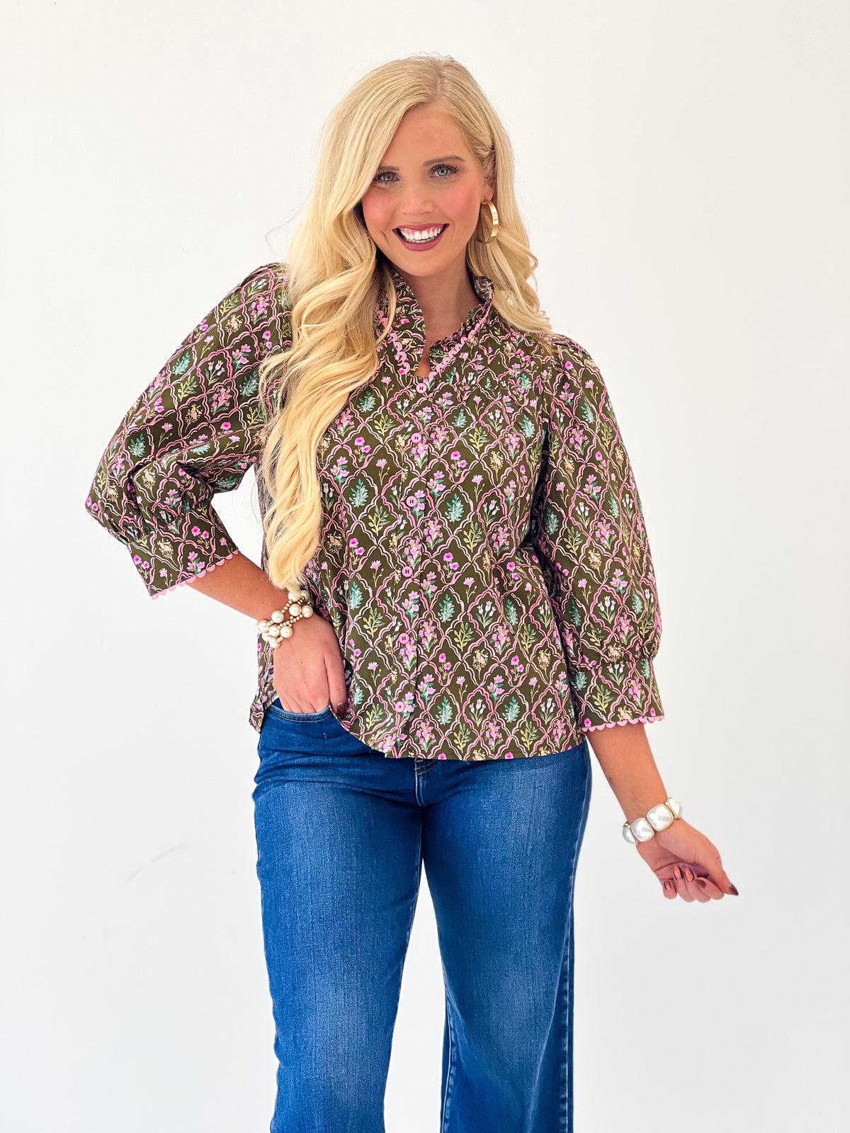 Jodifl Floral Ruffle Neck Button Down Top