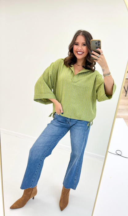 Glam Lapel Collar V-Neck Drawstring Hem Oversized Top