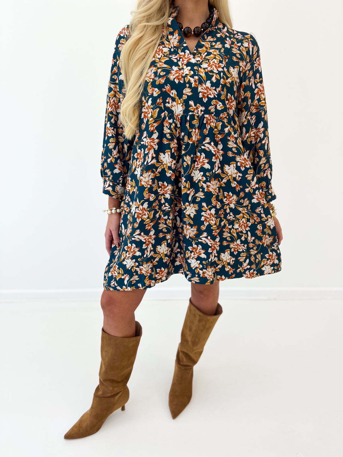 Teal floral V-neck long-sleeve baby doll dress with gathered waist