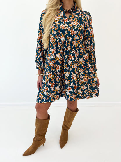 Teal floral V-neck long-sleeve baby doll dress with gathered waist