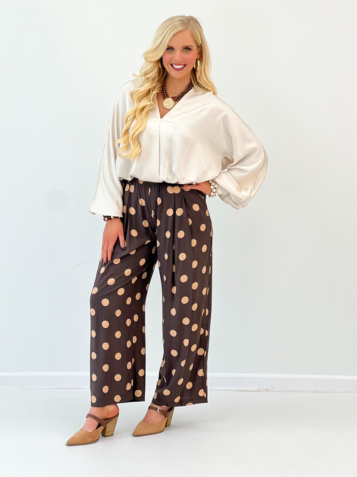 Umgee Polka Dot High Waist Pleated Wide Leg Pants
