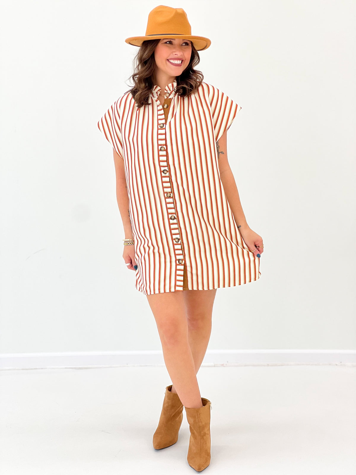 Heimish Striped Ruffle Mock Neck Button Front Mini Dress