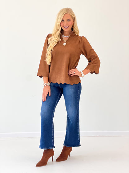 Jodifl Faux Suede Scallop Edge Ruffle Neck Top