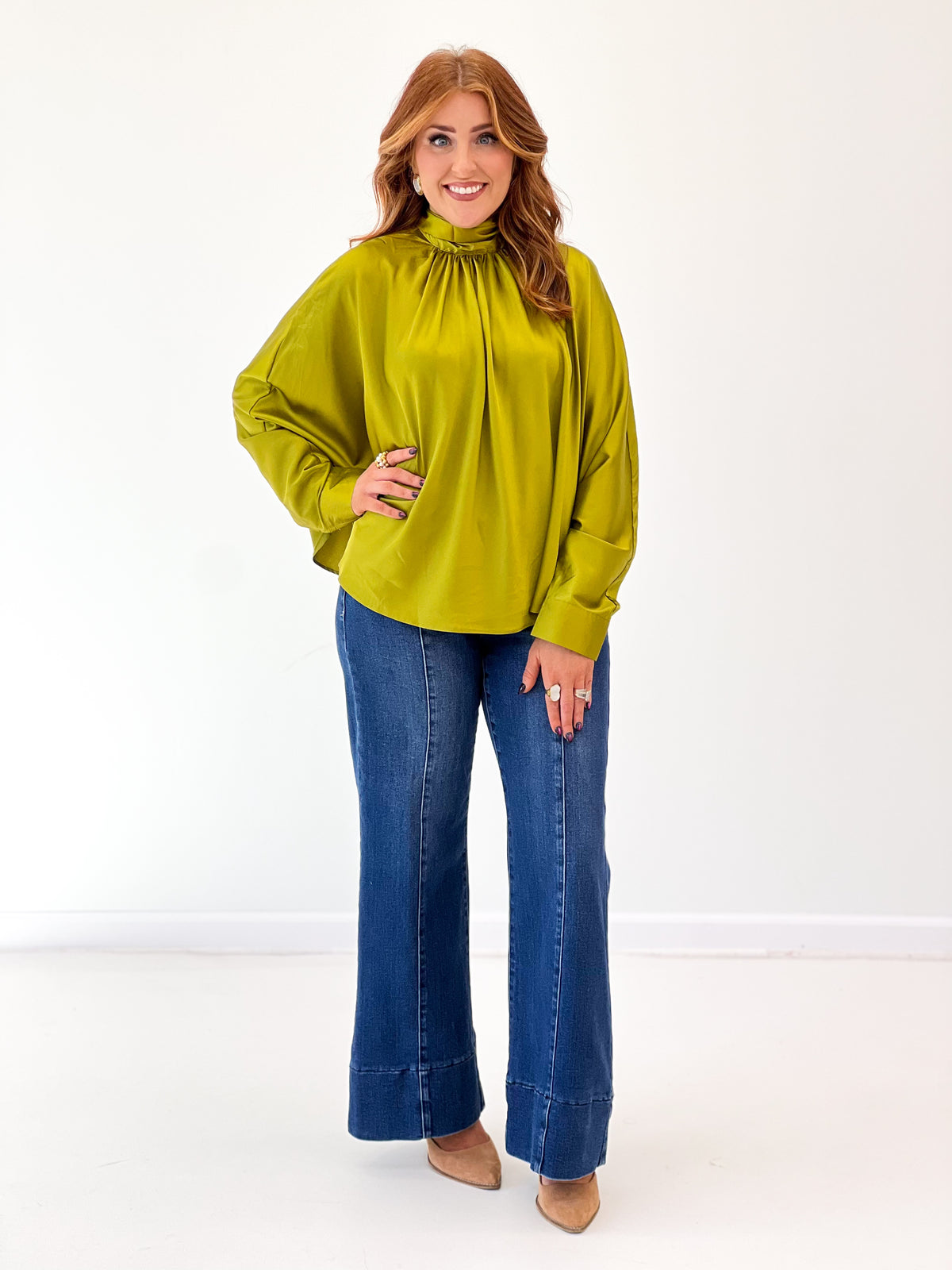 Lime green satin-effect tie-back blouse with long balloon sleeves