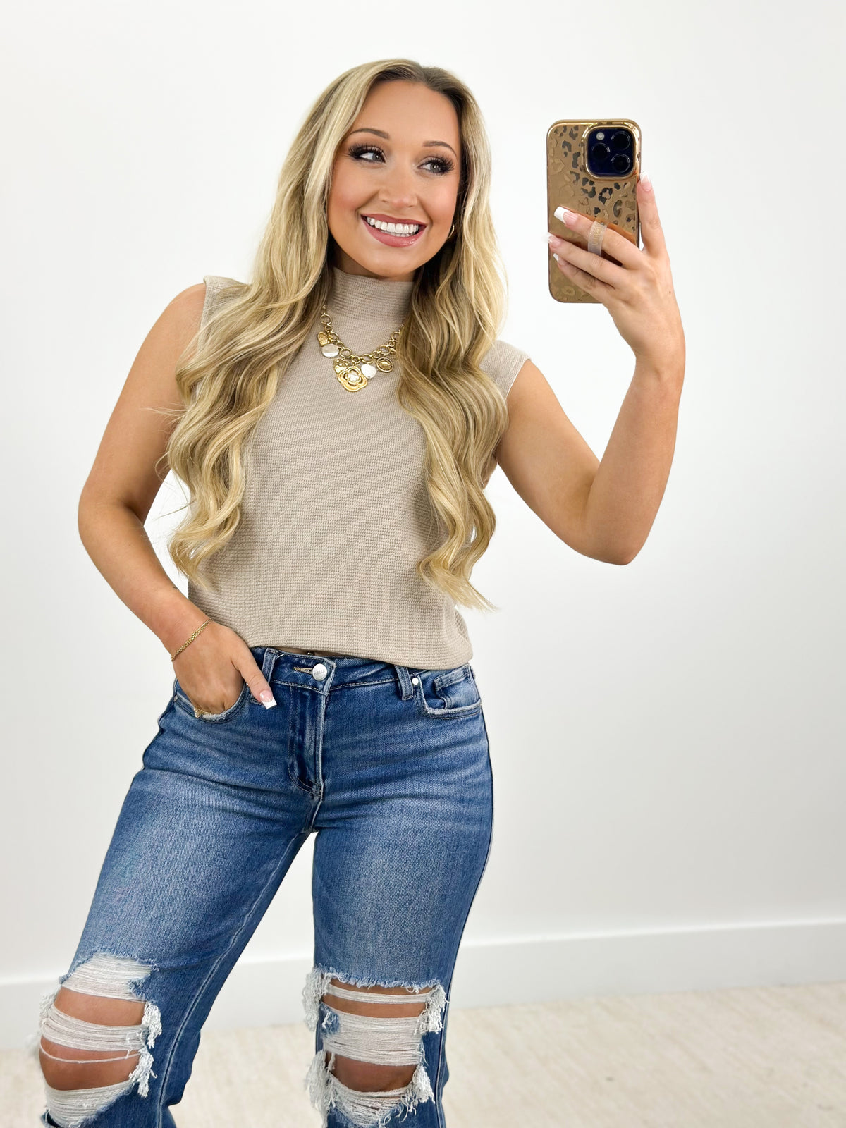 Tres Bien Sleeveless Knit Mock Neck Crop Top