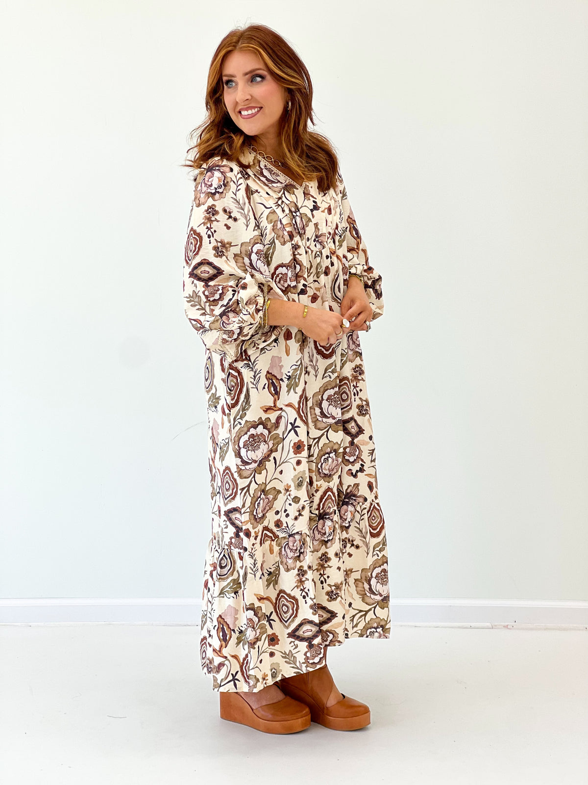 Ecru floral print maxi dress with puff sleeves, flowing long skirt