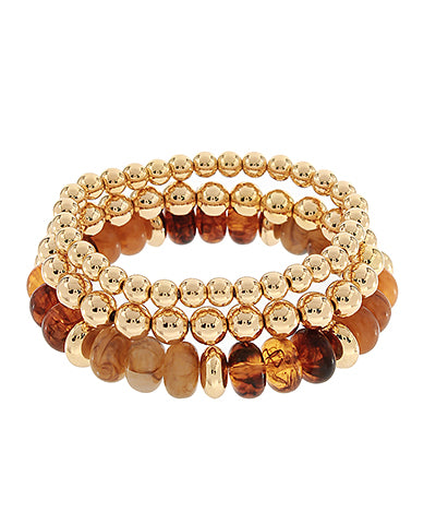 3 Row Marble & CCB Bead Bracelet in Light Brown/Gold