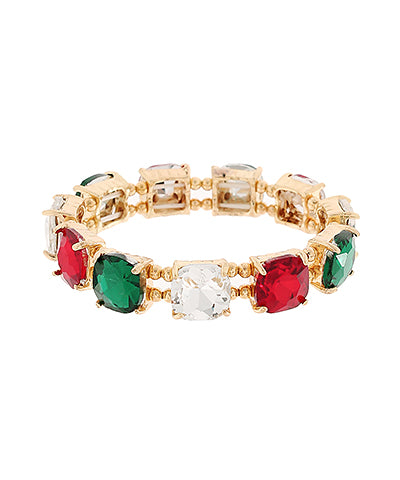 Golden Stella Christmas Cushion Cut Glass Stone Bracelet in Red/Green/Gold