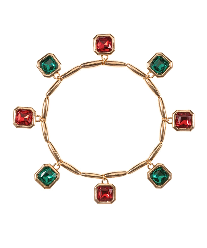 Golden Stella Christmas Square Stone Charm & Bar Bracelet in Red/Green