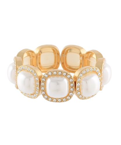 Golden Stella Pave Crystal & Square Pearl Dome Bracelet in Cream