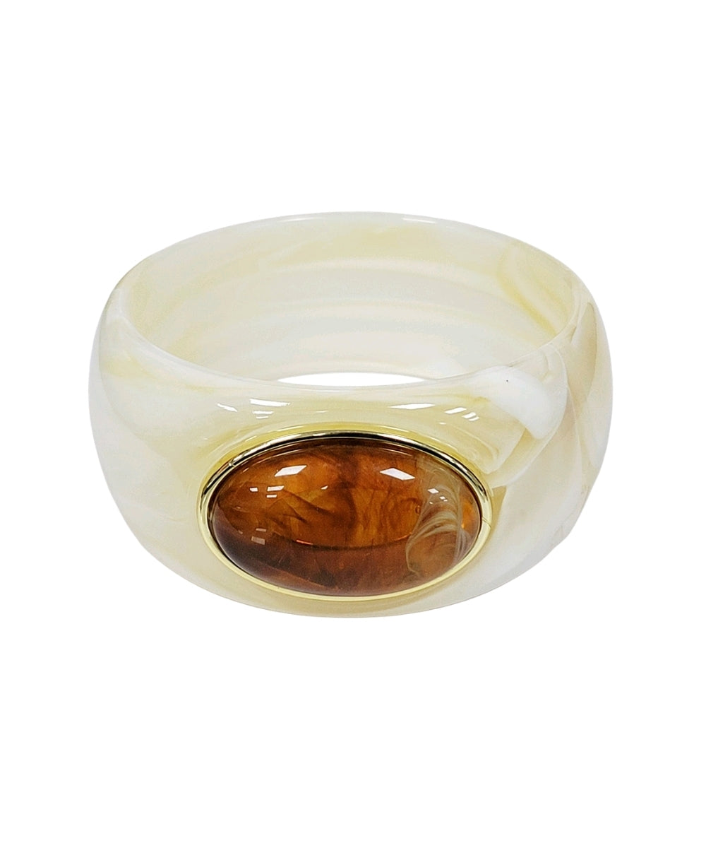 Golden Stella Wide & Accented Oval Stone Bangle in Beige/Brown