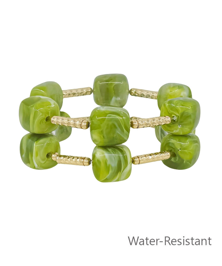 2 Row Marble Cube & Metal Bar Bracelet Olive